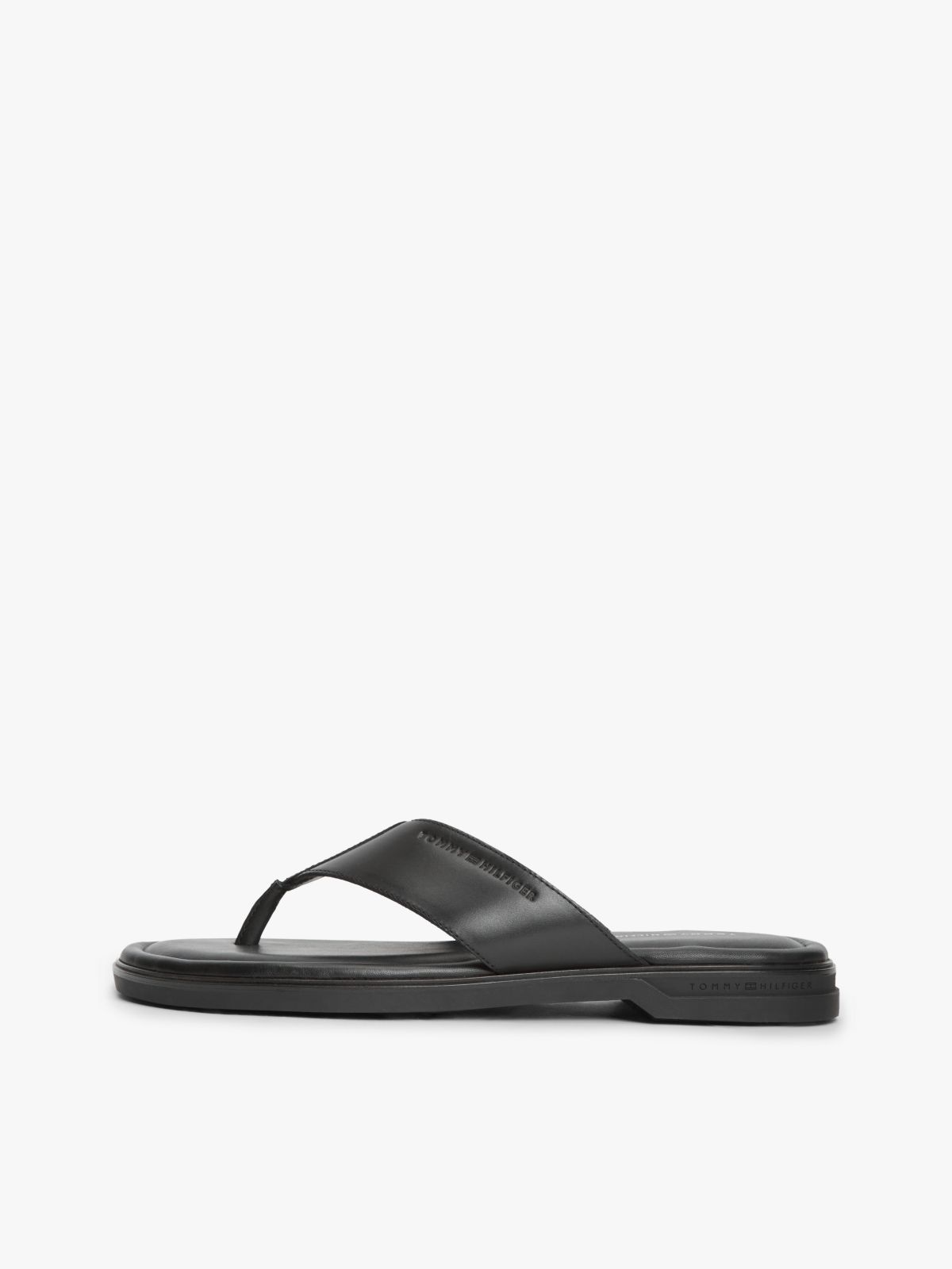Debossed Logo Leather Toe Post Sandals — Black