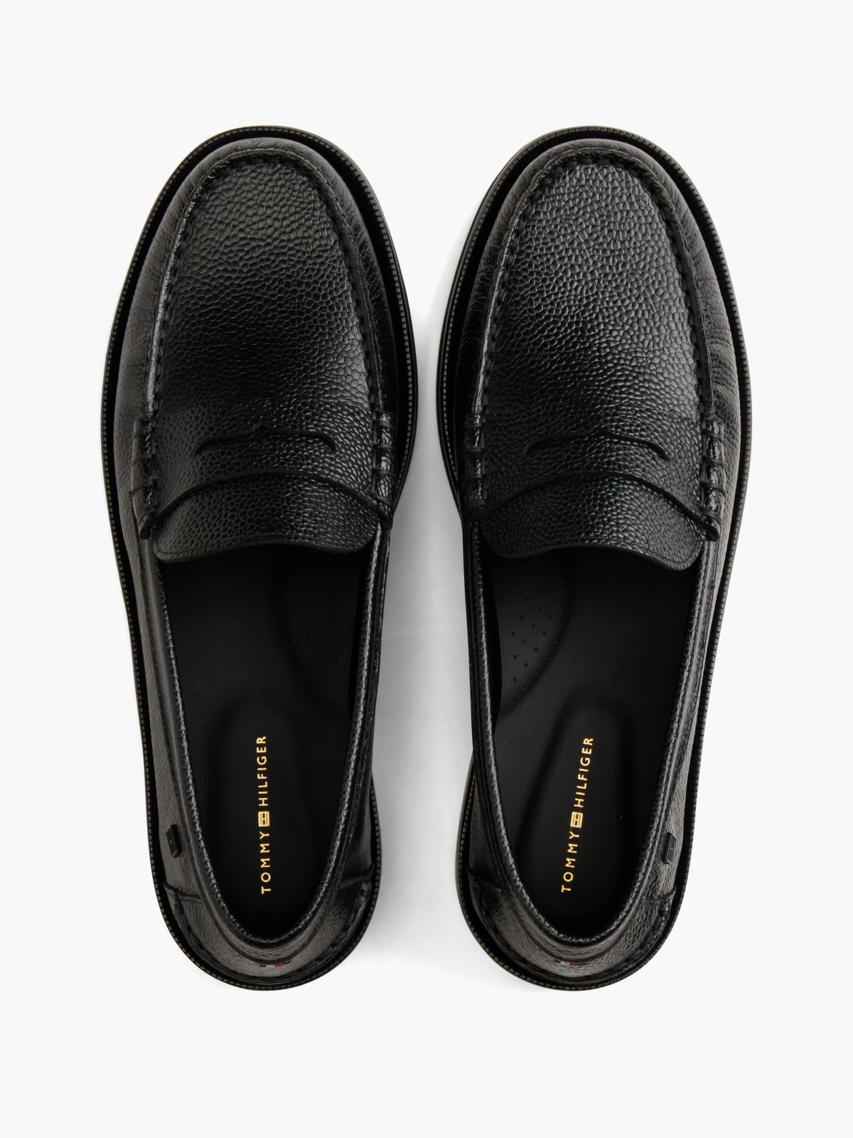 New York Label Leather Pebble Grain Loafers — Black