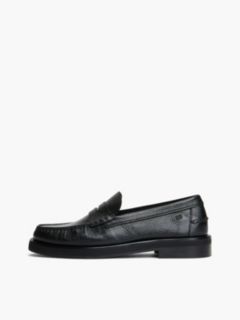 New York Label Leather Pebble Grain Loafers — Black 7