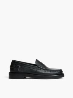 New York Label Leather Pebble Grain Loafers — Black 1