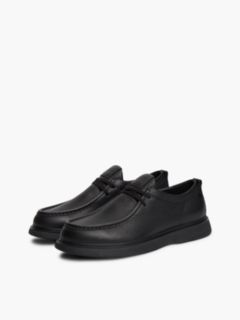 Leather Textured Lace-Up Moc Toe Loafers — Black 2