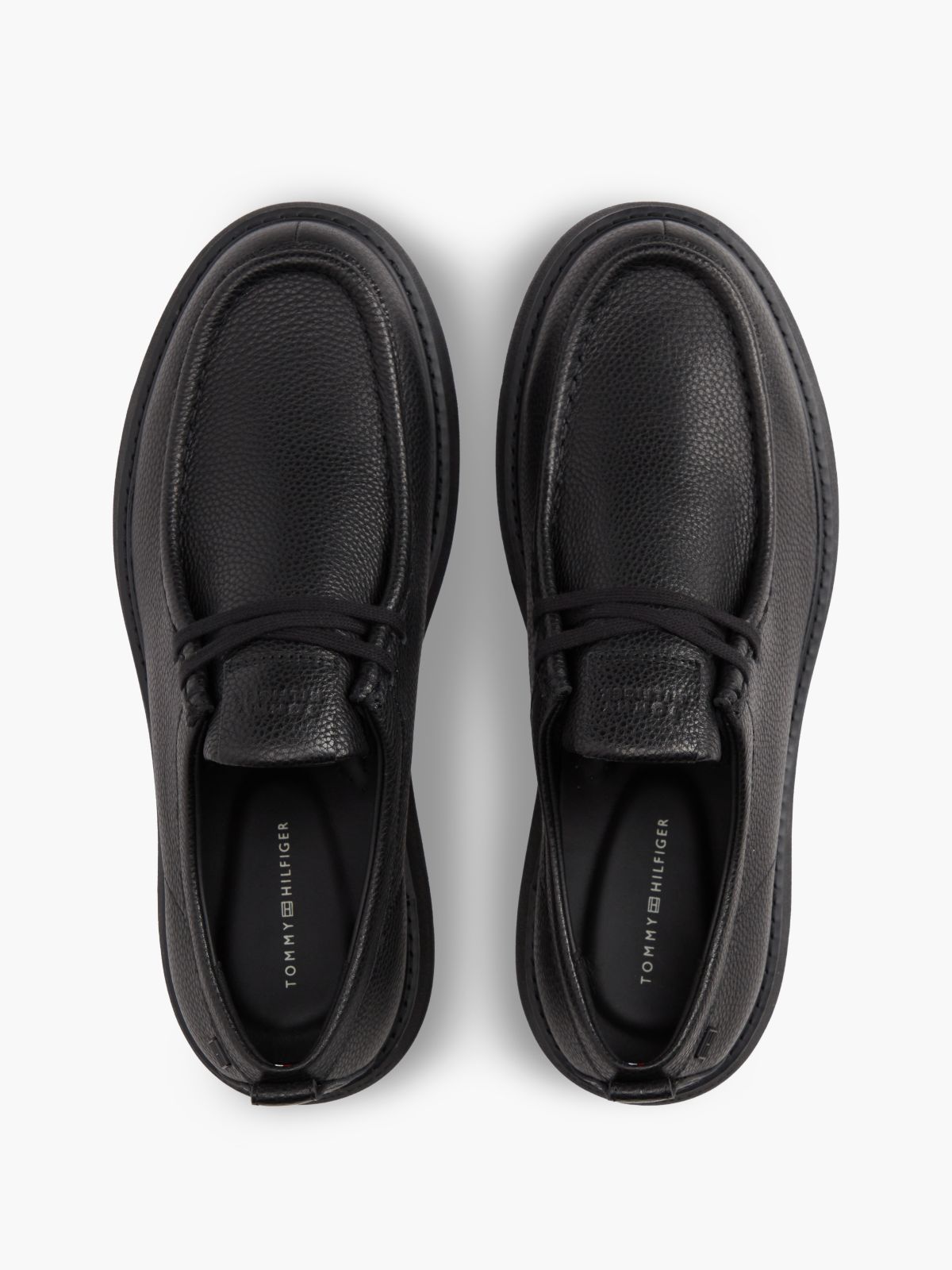 Leather Textured Lace-Up Moc Toe Loafers — Black