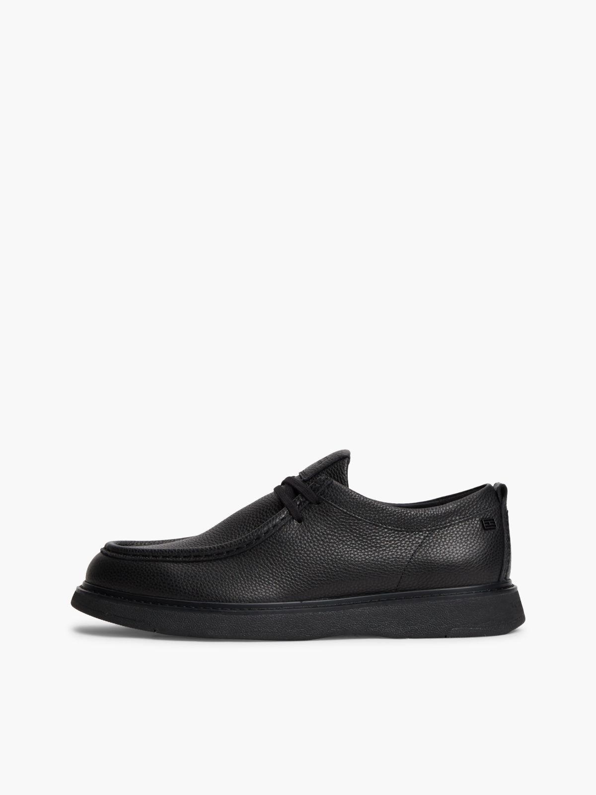 Leather Textured Lace-Up Moc Toe Loafers — Black