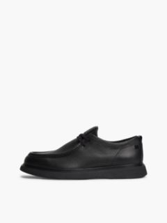Leather Textured Lace-Up Moc Toe Loafers — Black 7