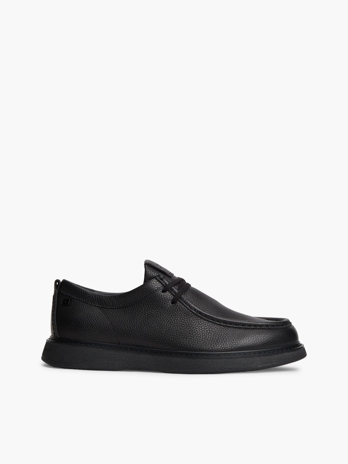 Leather Textured Lace-Up Moc Toe Loafers — Black