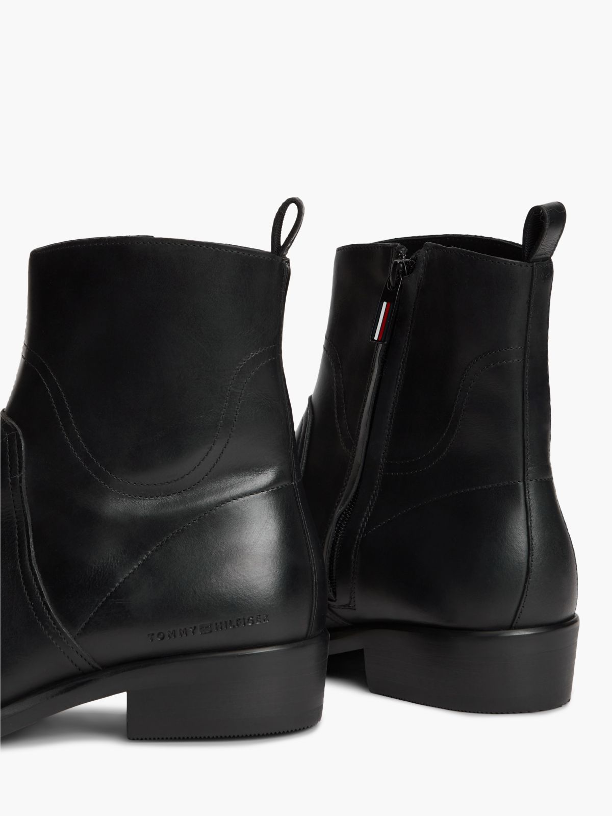 Leather Topstitch Zip-Up Biker Boots — Black