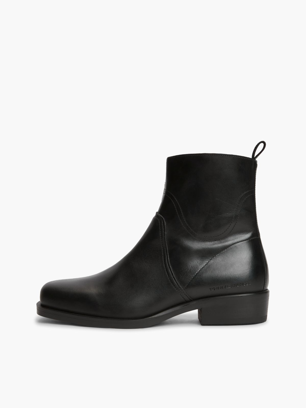 Leather Topstitch Zip-Up Biker Boots — Black