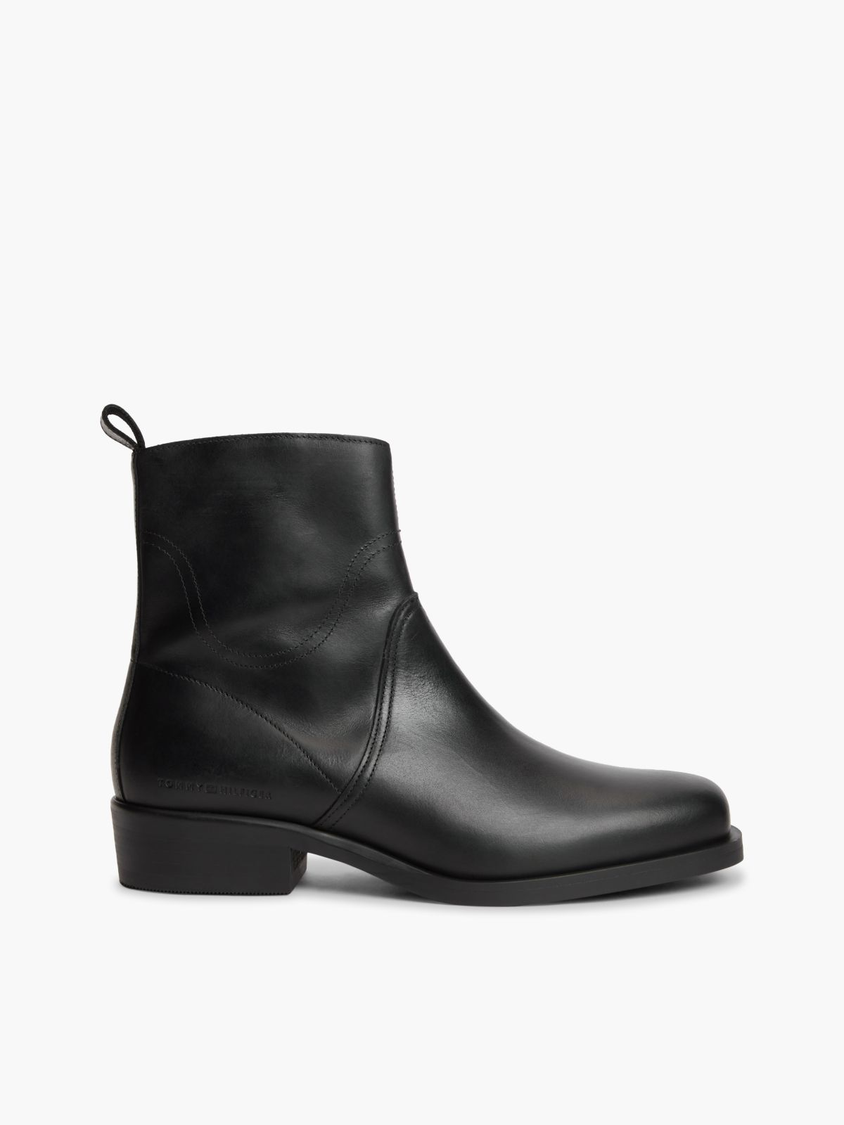 Leather Topstitch Zip-Up Biker Boots — Black