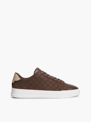 brown th monogram suede court trainers for men tommy hilfiger