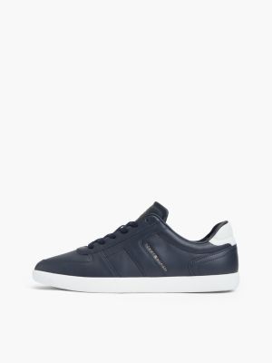 blue leather metallic logo trainers for men tommy hilfiger
