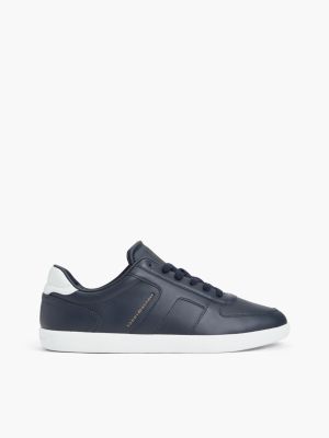blue skórzane buty sportowe z metalicznym logo dla mężczyźni - tommy hilfiger