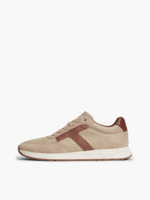 beige leather mixed texture trainers for men tommy hilfiger