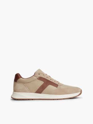 beige leather mixed texture trainers for men tommy hilfiger