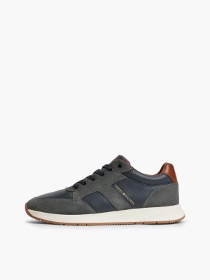 blue leather mixed texture trainers for men tommy hilfiger