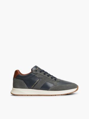 blue leather mixed texture trainers for men tommy hilfiger