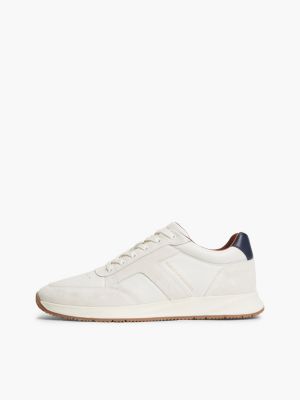 white leather mixed texture trainers for men tommy hilfiger