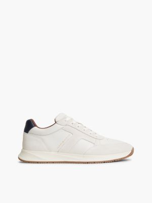 white leather mixed texture trainers for men tommy hilfiger