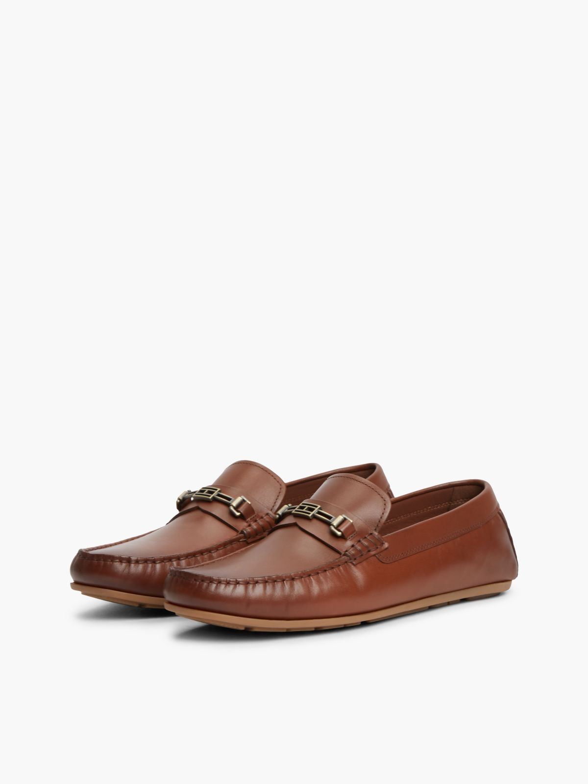 Flag Plaque Leather Driver Shoes — Brown