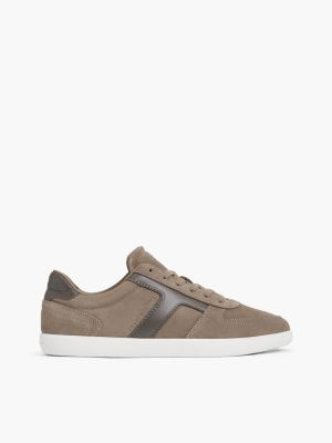 khaki zamszowe buty sportowe th tribeca z kontrastowym zapiętkiem dla mężczyźni - tommy hilfiger