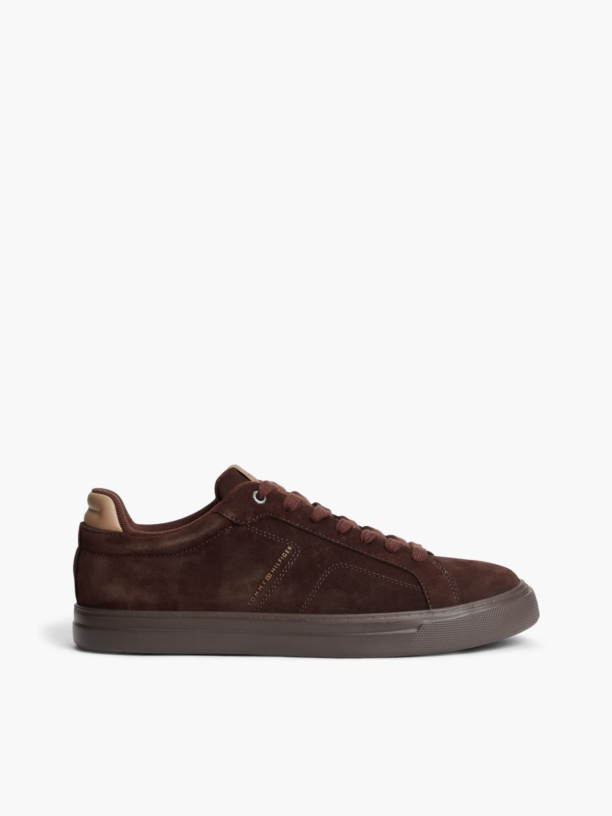 Suede Metallic Logo Lightweight Court Trainers — Brown