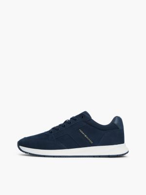 blue leather metallic logo trainers for men tommy hilfiger