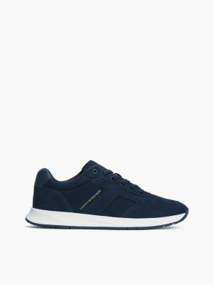 blue leather metallic logo trainers for men tommy hilfiger