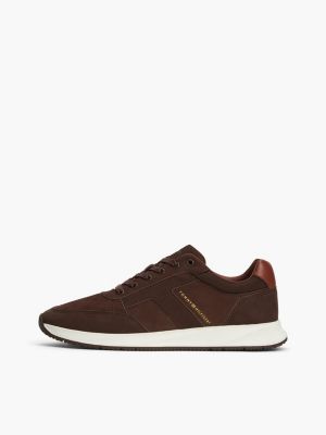 brown leather metallic logo trainers for men tommy hilfiger