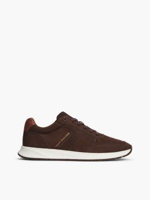 brown leather metallic logo trainers for men tommy hilfiger