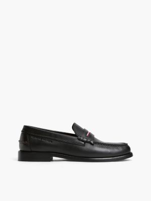 black leather global stripe penny loafers for men tommy hilfiger