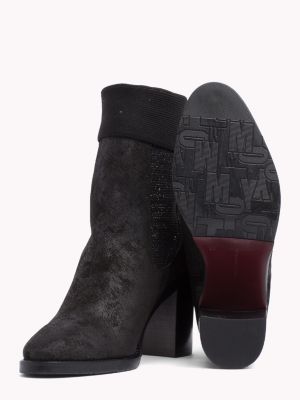 tommy hilfiger black knit mid heel boots