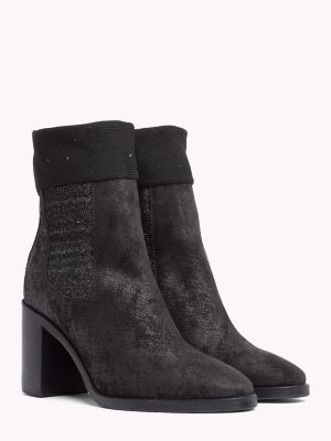 tommy hilfiger black knit mid heel boots