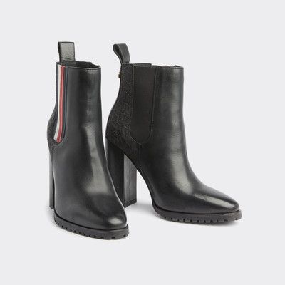 tommy hilfiger monogram embellishment block heel boots