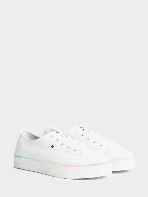 white faux leather flatform trainers