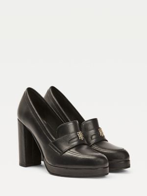 Leather High Heel Loafers | BLACK 