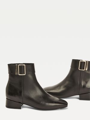 tommy hilfiger th buckle mid heel boot leather
