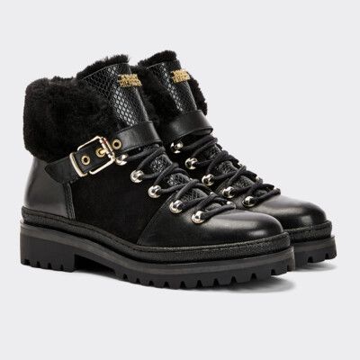 Warm Lined Leather Mix Buckle Boots 