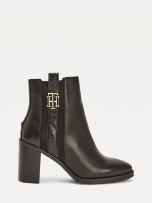 tommy hilfiger monogram embellishment block heel boots