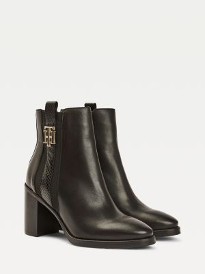 tommy hilfiger monogram embellishment block heel boots