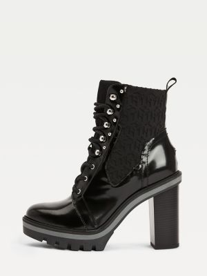 tommy hilfiger monogram embellishment block heel boots