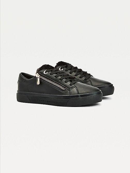 black warm lined low-top vulcanised trainers for women tommy hilfiger