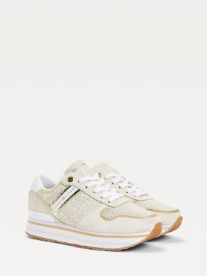 Logo Metallic Flatform Trainers | BEIGE 