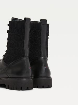 Biker-Stiefel aus Leder mit Monogramm-Strick | SCHWARZ | Tommy Hilfiger