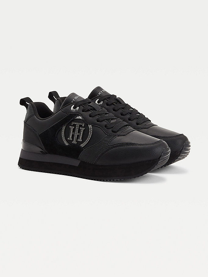 black mixed texture monogram cleat trainers for women tommy hilfiger