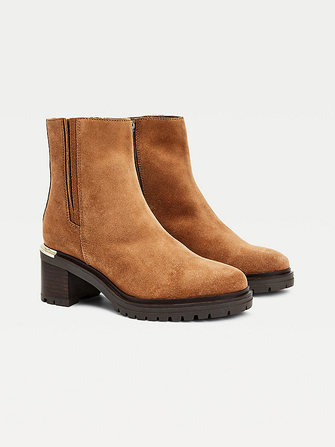 brown suede block heel cleat boots for women tommy hilfiger
