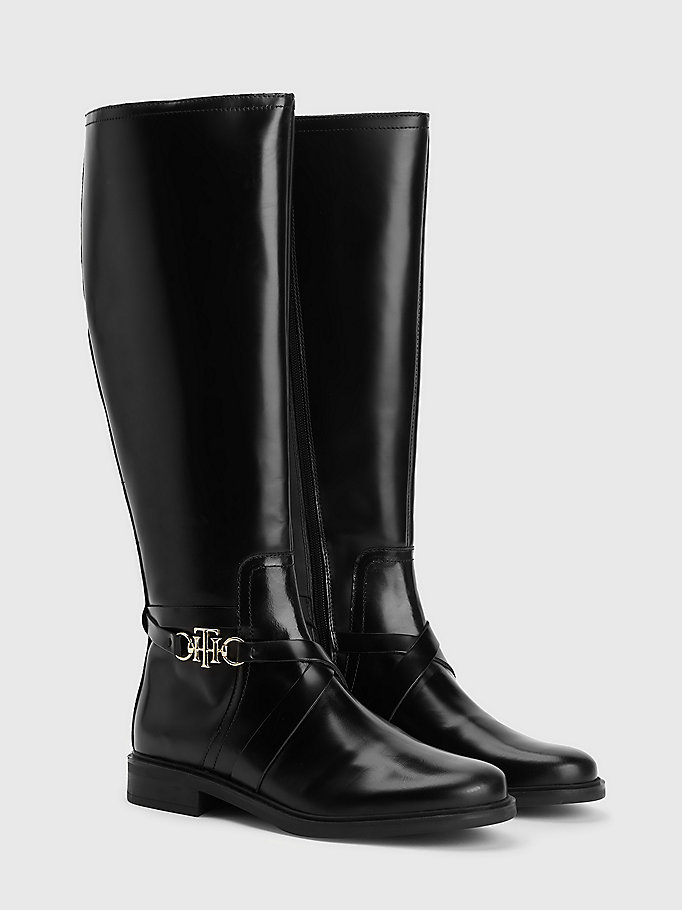 black leather monogram horsebit long boots for women tommy hilfiger