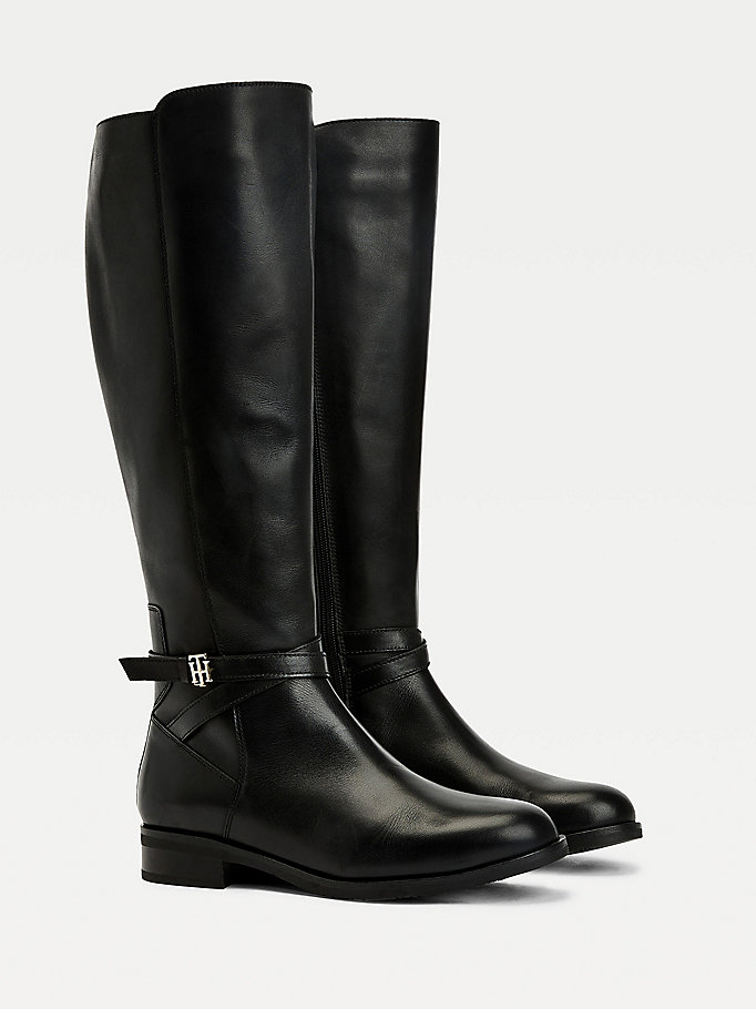 black long leather th monogram boots for women tommy hilfiger