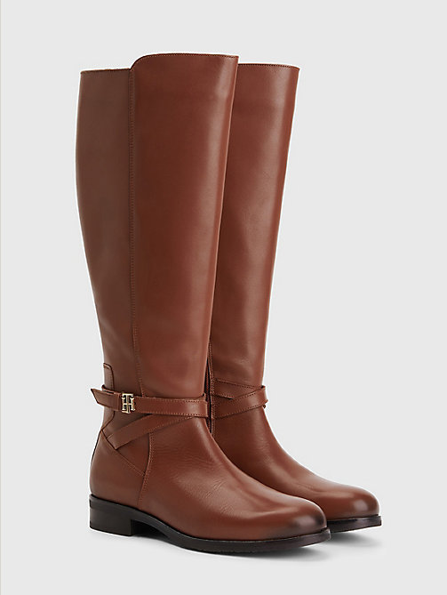 brown long leather th monogram boots for women tommy hilfiger