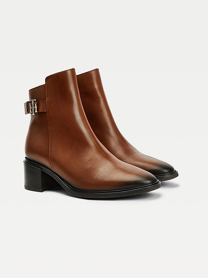 brown monogram plaque leather ankle boots for women tommy hilfiger