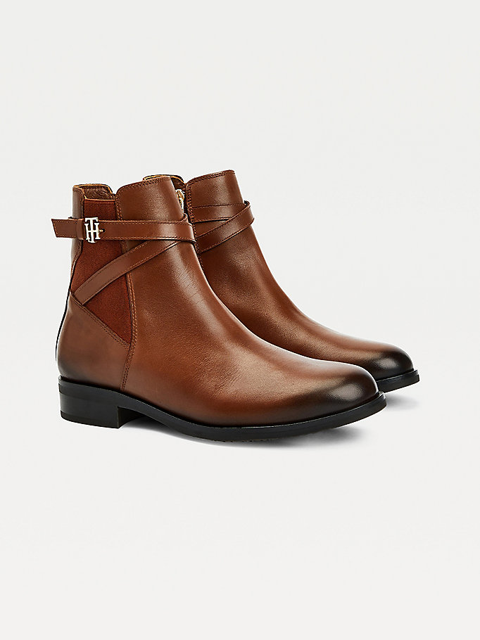 brown monogram crossover strap leather ankle boots for women tommy hilfiger
