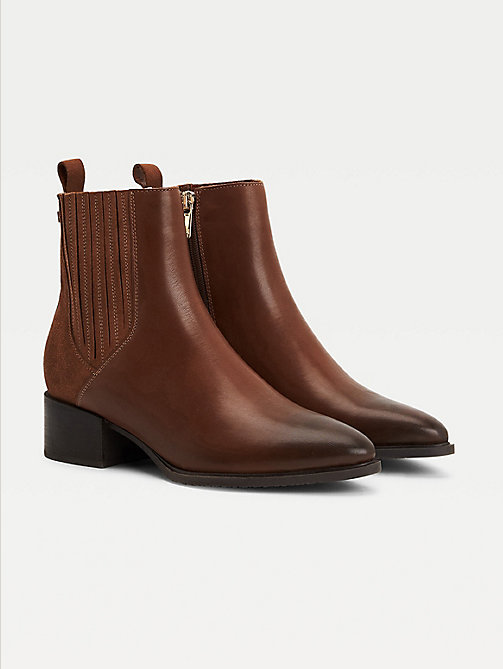 brown leather and suede zip-up ankle boots for women tommy hilfiger